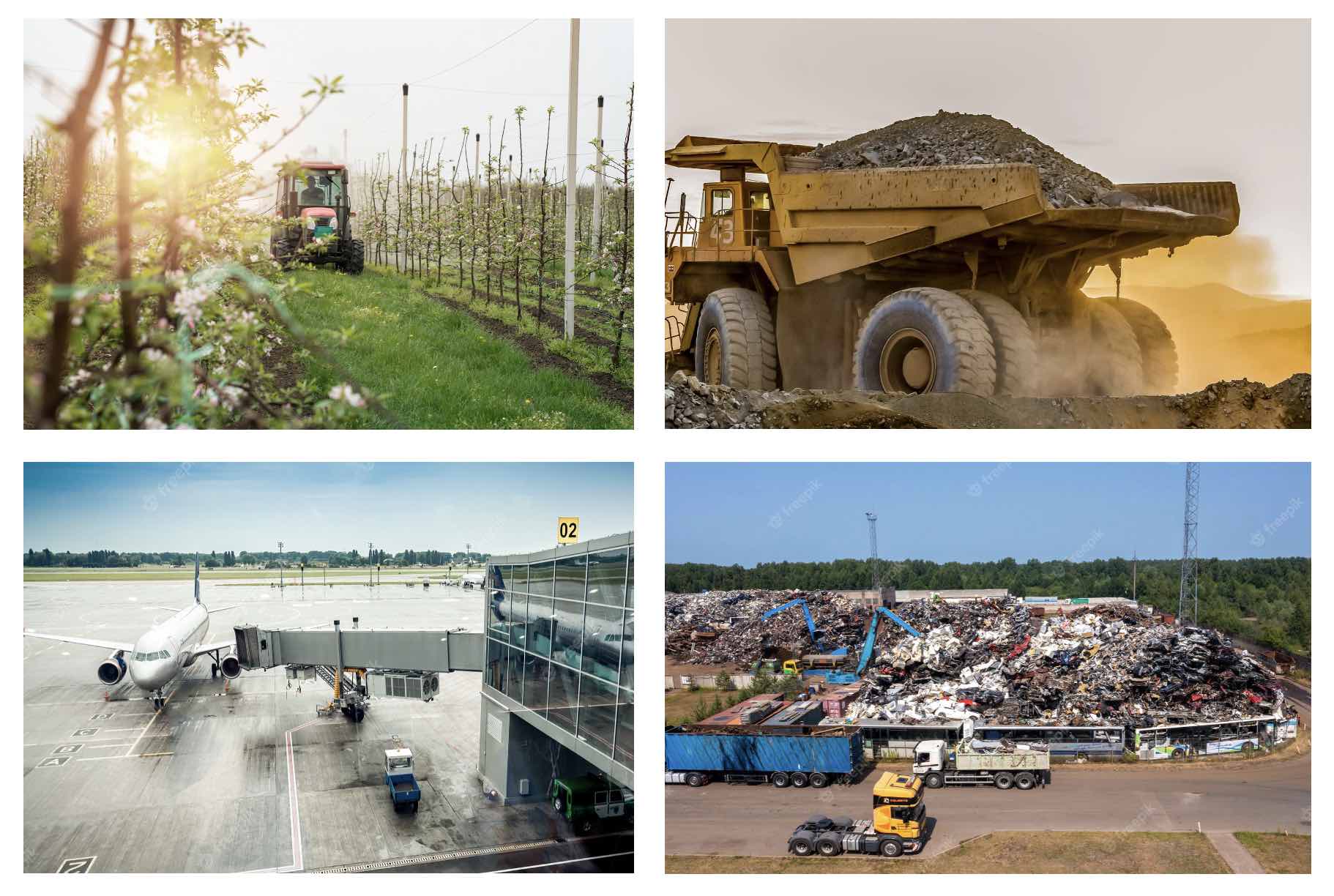 Machine in arboriculture, Mining Truck, Tarmac airport boarding gate, open landfill
